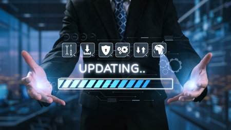 A businessman in a modern office setting presents a holographic interface featuring an updating...