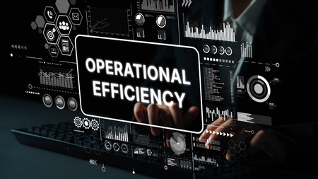 Businessman in Office Promoting Operational Efficiency with Digital Graphs and Infographics in...