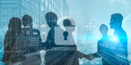 Cybersecurity protection system showing password encryption, fingerprint ID, cloud security, email,...