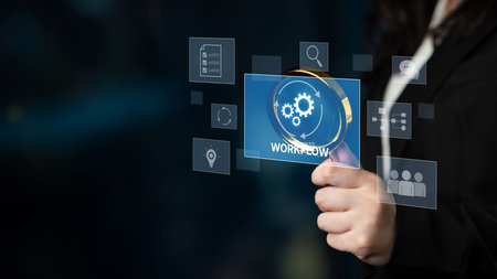 Workflow optimization concept featuring interconnected gears, task management, collaboration,...
