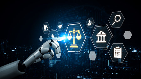 An AI assistant provides corporate legal services, managing compliance with business law. This smart system automates legal research and document review for matters of justice.の写真素材