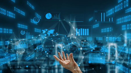 Explore a captivating scene where a hand gestures towards a blend of charts and data visualizations,...