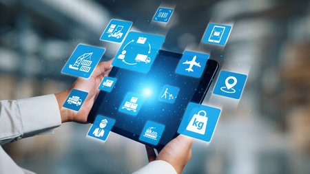 Logistics icons illustrate delivery, supply chain, warehouse, and shipping. Logistics connects...