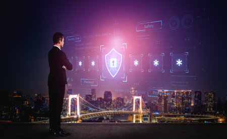 A concept of an advanced cybersecurity system. The futuristic interface shows a multi-factor...