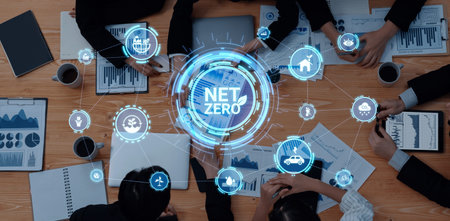 Net zero and sustainability concepts with environmental balance, digital sustainability icons, green...