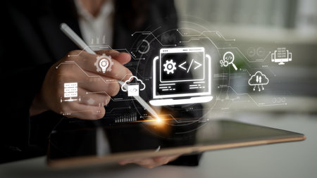 Modern web development concept featuring coding symbols, web development process, web development...