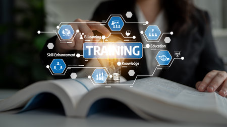 A professional training setting featuring a person interacting with a book while surrounded by...