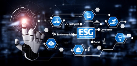 A futuristic robotic hand interacting with ESG icons symbolizes the integration of environmental,...