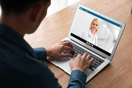 Doctor video call online by modish telemedicine software application for virtual meeting with...