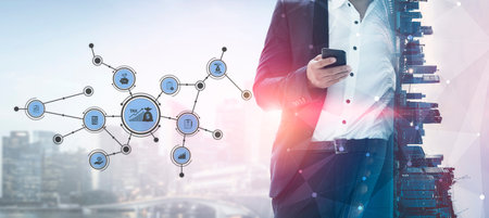 A businessman in a suit checks his smartphone against a modern city background. Overlay elements...