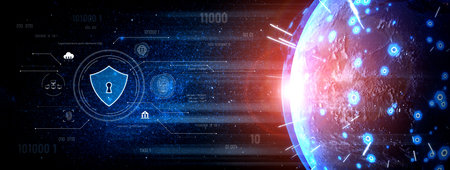 Cyber security interface with biometric and AI-powered protection system. Cyber security secures...