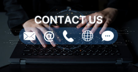 UI concept for contact us section showing icons for email, web, phone, and message. Contact and...