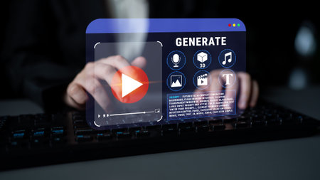 Hands typing on a keyboard with a transparent interface showing video generation tools and options,...