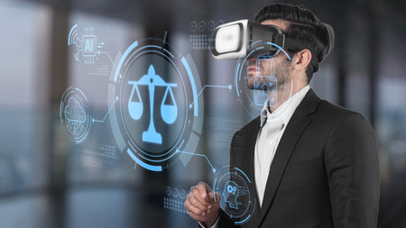 A businessman wearing virtual reality goggles engages with legal analysis tools in a modern office,...