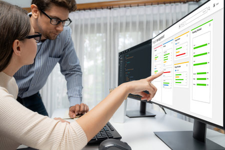 Project planning software for brisk business project management on the computer screen showing...