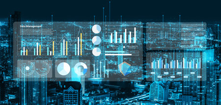 A striking urban skyline at night showcases a modern data management interface, featuring graphs and...