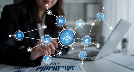 A business professional engages with digital network icons representing various aspects of...