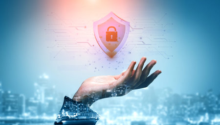 Digital security shield providing network protection and data privacy. This represents a firewall or...