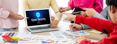 Cyber security system on computer screen protect private information brisk from hacker and cyber...