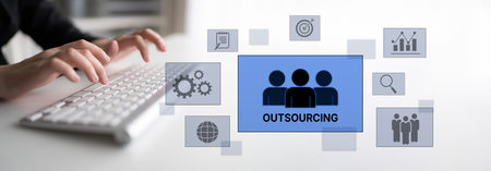 Outsourcing concept showing collaboration, delegation, global workforce, productivity, and task...