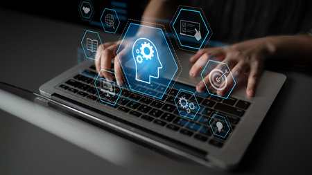 Head with gear and icons representing learning, digital training, and development process, showing...