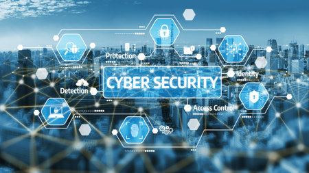 This image showcases a cyber security theme with digital icons illustrating key concepts like protection, identity management, and access control against a city background. Tesselの写真素材