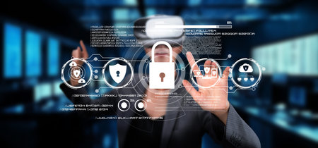Explore a futuristic virtual reality concept emphasizing cyber security and data protection. The...