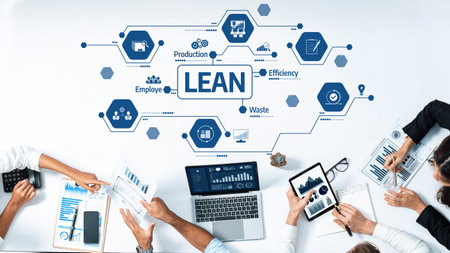 Diverse professionals collaborate in a business meeting, exploring lean methodology with digital...