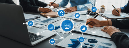 A dynamic business meeting featuring professionals analyzing data charts and documents, emphasizing...
