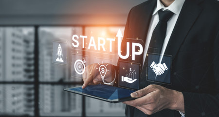 Concept of a new startup business venture. The process includes innovation, setting targets,...