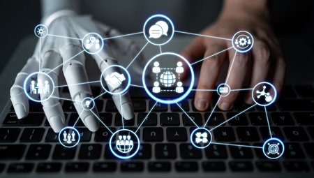 AI assisted networking with people connection, collaboration and digital community icons showing...