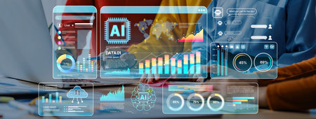 Explore the integration of AI technology in business analytics, showcasing data visualization tools...