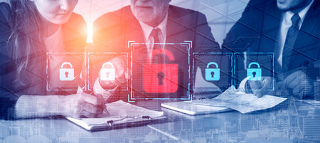 Digital security concept illustrating a cybersecurity breach, with a red unlocked padlock indicating...