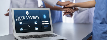 Cyber security system on computer screen protect private information brisk from hacker and cyber...