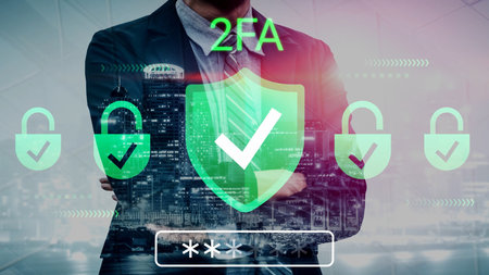Business Person Embracing Two-Factor Authentication with Digital Security Symbols and Cityscape...
