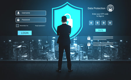 A businessman stands before a digital login interface, focusing on data protection elements and a...