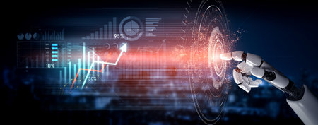 A futuristic robotic hand reaches out toward a digital interface displaying analytics and graphs,...