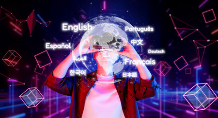A digital representation showcasing the convergence of languages and technology, highlighting the...
