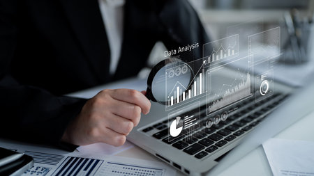 Business data analysis dashboard showing charts, statistics, and performance metrics for...