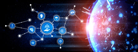 An abstract illustration showcasing a digital legal network with various icons symbolizing law,...