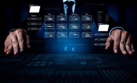 Project management system showing workflow stages, task progress, and review status. Task progress...