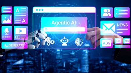 Futuristic Interaction Between Human and AI Technology with Digital Interface Illustrating...