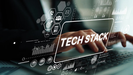 Business Person Using Digital Interface to Manage Tech Stack for Innovative Solutions in Modern...