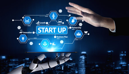 A creative representation of a startup environment, featuring a robotic arm interacting with a human...