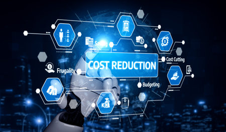 A futuristic robot hand interacts with digital icons representing cost reduction, budgeting, and...
