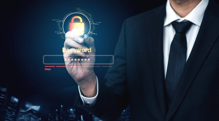 A concept of user authentication and password security. The interface shows a password strength meter, highlighting the importance of creating a strong code for account protection.の写真素材