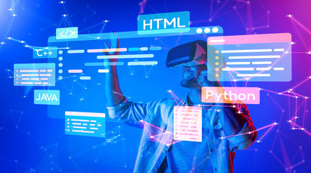 A young programmer interacts with a vibrant virtual reality interface, showcasing coding languages...