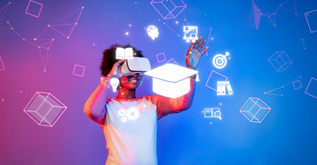 A young woman immersed in virtual reality, exploring online learning with vibrant educational icons...