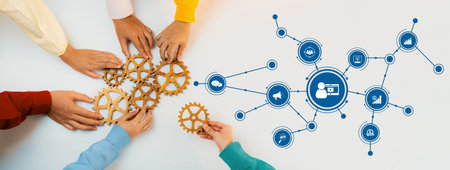 Collaborative Hands Arranging Gears Symbolizing Digital Marketing Strategy and Data Analytics for...