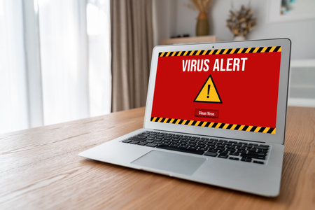 Virus warning alert on computer screen detected modish cyber threat , hacker, computer virus and malwareの写真素材